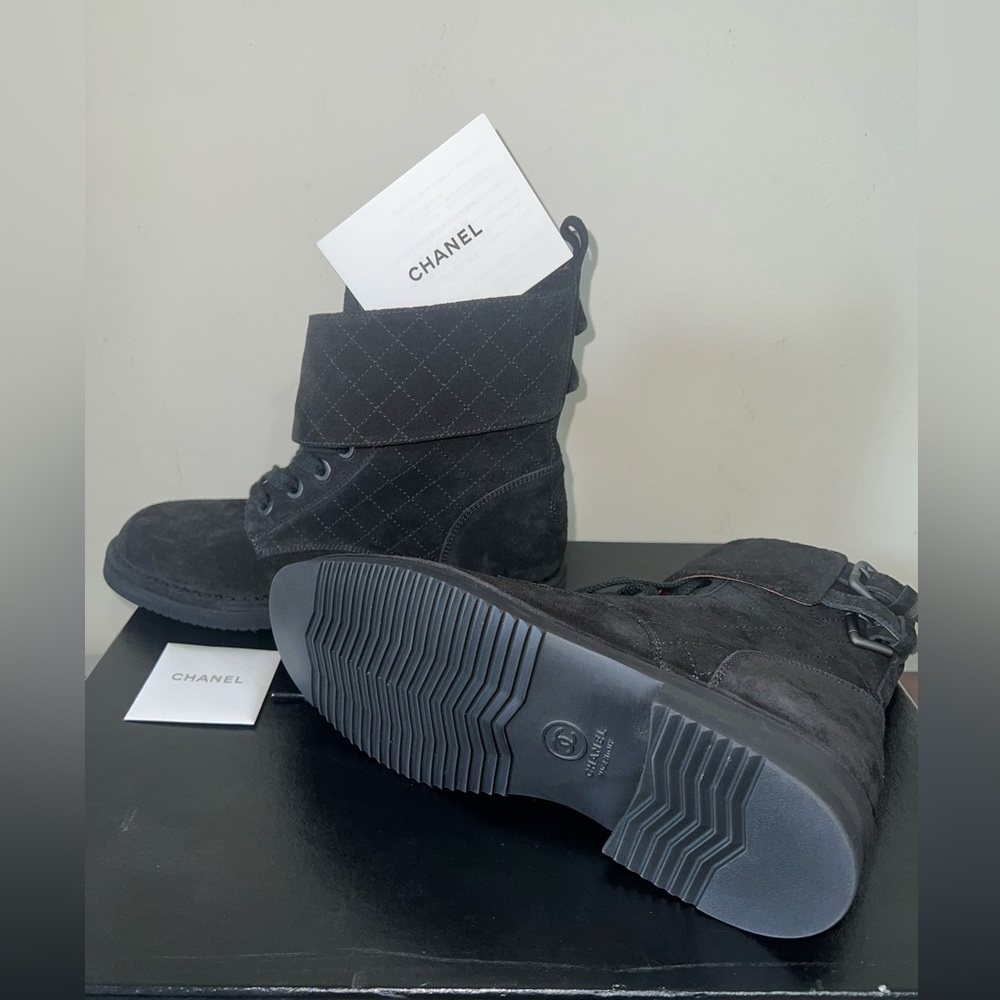 CHANEL Quilted Suede Combat Boots – Black Lace Up - Picture 6 of 17